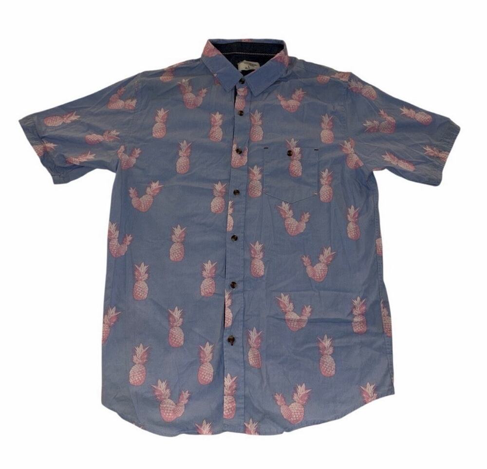 Distortion Mens Pineapple Button Shirt Large Blue Pink Summer Tropical Resort
